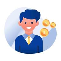 avatar masculin avec pièces de monnaie, icône investisseur vecteur