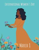 femme avec cueillette de fleurs, carte postale pour la journée internationale de la femme. illustration vectorielle vecteur