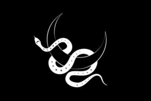 serpent blanc sur croissant de lune mystique magique. géométrie sacrée, symbole de la déesse wiccan païenne céleste. signe de bannière demi-lune wicca, tatouage, cercle d'énergie, style boho, vecteur isolé sur fond noir