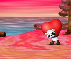saint valentin avec un panda tenant un coeur rouge vecteur