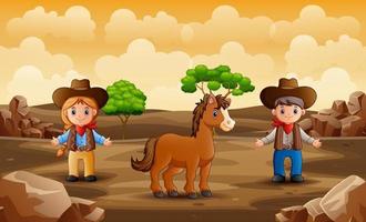 cow-boy de dessin animé et cow-girl avec un cheval dans le désert vecteur