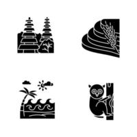 ensemble d'icônes de glyphe d'indonésie. animaux tropicaux. vacances en indonésie. explorer la faune exotique. flore et faune uniques. visite et architecture de bali. symboles de silhouettes. illustration vectorielle isolée vecteur