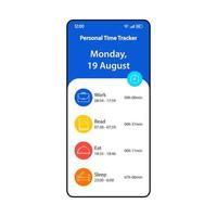 modèle de vecteur d'interface de smartphone d'application de suivi du temps personnel. mise en page de conception de pages mobiles. écran de suivi du temps. interface utilisateur plate pour l'application. logiciel de suivi des heures. widget de suivi du temps. affichage du téléphone