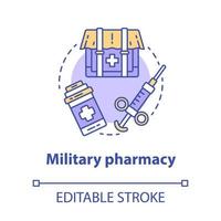 icône de concept de pharmacie. illustration de la ligne mince de l'idée de traitement des blessures et des maladies militaires. médicament de terrain. médecine de zone de combat et matériel médical. dessin de contour isolé de vecteur. trait modifiable vecteur