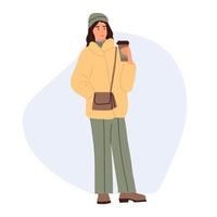 une jeune femme en vêtements d'hiver avec un verre de café. fille de style de rue. des gens élégants dans des vêtements à la mode. illustration vectorielle plane vecteur