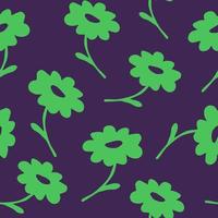 motif floral harmonieux de vecteur simple. silhouette, contour camomille dessin animé vert doodle sur fond violet foncé. pour les impressions de tissus, vêtements, papiers d'emballage, produits textiles, papiers peints.