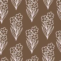 modèle sans couture de vecteur floral doux simple dans un style rural. contour rose clair dessiné à la main petits bouquets de fleurs sur fond ocre brun. pour l'impression sur tissu, produits textiles, papier peint.