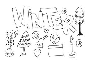 ensemble de doodles d'hiver avec lettrage sur fond blanc. illustration vectorielle. vecteur