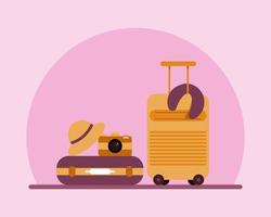 valise ou sac à bagages avec appareil photo, chapeau et oreiller. notion de vacances. style de vecteur de dessin animé pour votre conception.