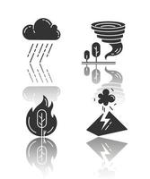 ensemble d'icônes de glyphe noir d'ombre portée de catastrophe naturelle. changements climatiques mondiaux. feu de forêt, averse, éruption volcanique, tornade. dangers environnementaux. illustrations vectorielles isolées vecteur