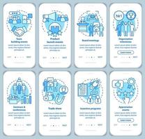 écran de page d'application mobile d'intégration de gestion d'événements d'entreprise avec des concepts linéaires. instructions graphiques étape par étape du planificateur d'événements spéciaux de l'entreprise. modèle vectoriel ux, ui, gui avec illustration