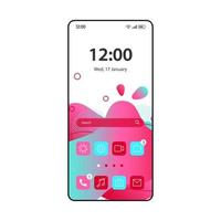 modèle de fluide vectoriel d'interface d'écran d'accueil de smartphone. mise en page de conception de dégradé rose et bleu de la page de l'application mobile. écran de bureau de téléphone portable avec des bulles ondulées. interface utilisateur de l'application. affichage de l'écran d'accueil du téléphone