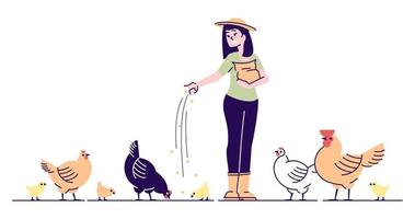 agricultrice nourrissant des poulets caractère vectoriel plat. concept de dessin animé de ferme de volaille avec contour. poules, coqs et poussins picorant le grain. élevage de volailles, poulailler rural, élevage d'oiseaux