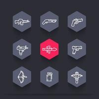 icônes d'armes définies dans un style linéaire, lance-roquettes, pistolet, mitraillette, fusil d'assaut, revolver, fusil de chasse, grenade vecteur