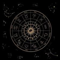 illustration vectorielle des douze constellations du zodiaque. cercle d'horoscope, carte d'astrologie sur le fond du ciel étoilé en couleur or. vecteur