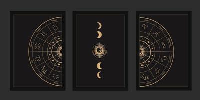 un ensemble de modèles mystiques pour cartes de tarot, bannières, dépliants, affiches, brochures, autocollants. dessiné à la main.. la silhouette de la carte du zodiaque, des étoiles, des phases de lune et de soleil. vecteur