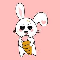 lapin kawaii mignon avec une carotte dans sa main, mascotte, personnage de vecteur de dessin animé mignon