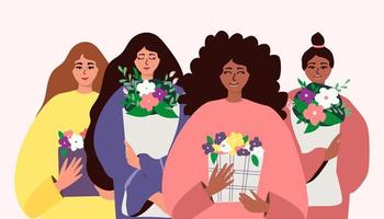 illustration vectorielle avec des femmes de différentes nationalités et cultures avec des bouquets de fleurs vecteur