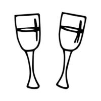 une paire de verres de champagne dessinés à la main pour anniversaire, nouvel an, noël, mariage, fiançailles. doodle, illustration vectorielle isolée sur fond blanc. carte postale, emballage, icône, invitation à une fête vecteur