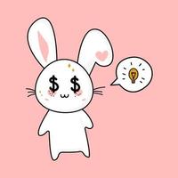 mignon lapin kawaii et une nouvelle idée de pensées éclairées, une ampoule, de l'argent dans les yeux. le concept de l'idée de l'argent. illustration vectorielle de kawaii. vecteur