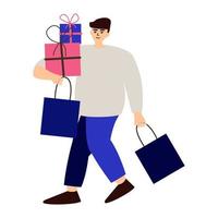 homme de dessin animé souriant tenant un tas de sac à provisions profitez d'une illustration plate de vecteur de réduction. heureux gars de couleur debout avec le paquet pendant la vente isolé sur fond blanc. accro du shopping positif