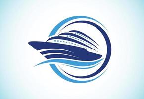 modèle de conception de logo de navire, de croisière ou de bateau, symbole de signe d'icône de yacht avec illustration vectorielle de vagues de l'océan vecteur
