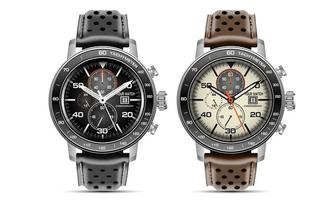 montre réaliste horloge chronographe métal bracelet en cuir noir marron collection sur blanc design classique luxe vecteur