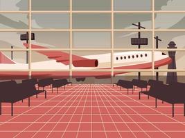 intérieur du terminal de l'aéroport. salle d'attente, arrivée et départ. concept illustration vectorielle plane. avion décollant vu à travers les fenêtres vecteur