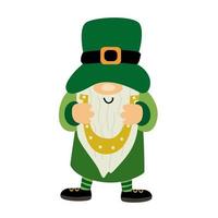 st. patrick's day gnome drôle avec fer à cheval pour la bonne chance. illustration de dessin animé isolée sur blanc. idéal pour les cartes de vœux, les invitations de pub, les affiches, la conception de t-shirts. personnage masculin. vecteur