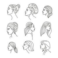 collections de visages féminins élégants. une ligne dessinant des visages et des coiffures. concept de mode, concept minimaliste linéaire de beauté. art esthétique. illustrations de style de ligne vectorielle dessinées à la main vecteur