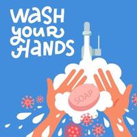 paire de mains se lavant à l'aide de savon et de bulles. concept de coronavirus de lavage des mains. bras propre en mousse. illustration de dessin animé plat de vecteur. hygiène personnelle, désinfection, concept de soins de la peau. prévention covid-19 vecteur