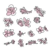 ensemble de bourgeons de sakura japonais. fleurs de fleurs de cerisier dans un style d'art en ligne. doodle noir et blanc avec des formes roses abstraites. collection d'éléments de printemps. vecteur