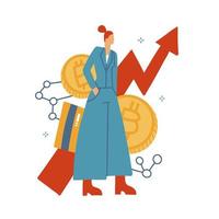 femme d'affaires portant une grosse pièce de monnaie bitcoin isolée sur fond blanc. le concept d'investir dans la crypto-monnaie dans un marché en pleine croissance. illustration vectorielle plate dessinée à la main. vecteur