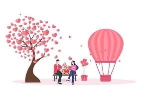 illustration de conception plate de la saint-valentin heureuse qui est commémorée le 17 février avec ours en peluche, ballon à air et cadeau pour carte de voeux d'amour vecteur