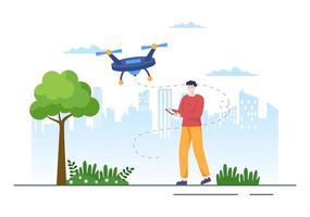 drone avec télécommande de caméra pilotée survolant pour prendre des photos et enregistrer des vidéos en illustration de fond de dessin animé plat vecteur