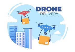 le service de livraison utilise l'illustration vectorielle de fond de drone. employé distribuant des boîtes à l'aide d'un dispositif de technologie moderne pour l'expédition de colis vecteur