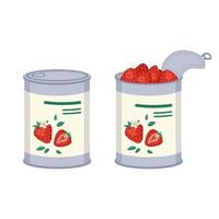 fraise rouge en boîte ouverte et fermée. aliments sucrés prêts à l'emploi, délicieux dessert aux baies. illustration vectorielle plate vecteur