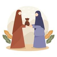 une femme musulmane donne la zakat à une pauvre femme
