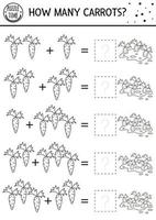 jeu de comptage noir et blanc de pâques avec des carottes. activité de vacances pour les enfants d'âge préscolaire sur le thème du jardin. feuille de calcul imprimable de printemps éducatif. puzzle d'addition ou page de coloriage pour les enfants vecteur