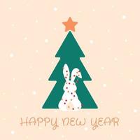 carte de voeux de bonne année, affiche, avec la silhouette mignonne et douce de lapin sur le fond d'arbre de Noël vecteur