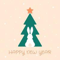 carte de voeux de bonne année, affiche, avec la silhouette mignonne et douce de lapin sur le fond d'arbre de Noël vecteur