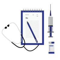 rapport médical avec stéthoscope, seringue, injection et stylo. illustration de style plat pour les bannières du site Web, la présentation, la médecine, les bannières promotionnelles de la clinique, le traitement des patients vecteur