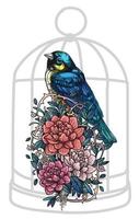 croquis d'art de tatouage fleurs d'oiseaux dans une cage vecteur