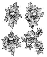 tatouage art crâne et fleur main dessin et croquis noir et blanc vecteur