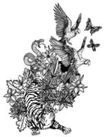 tatouage art animaux sauvages oiseau tigre fleur main dessin et croquis noir et blanc vecteur