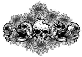 art de tatouage de crâne avec des fleurs dessin croquis noir et blanc vecteur