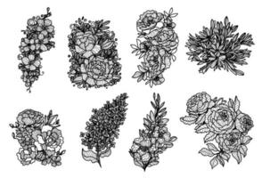 fleurs dessin à la main et croquis noir et blanc vecteur