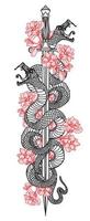 tatouage art serpent épée et fleur dessin et croquis noir et blanc vecteur