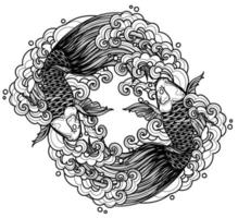 tatouage art japon conception de poissons dessin à la main et croquis noir et blanc vecteur