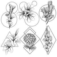 tatouage fleurs main dessin croquis noir et blanc vecteur
